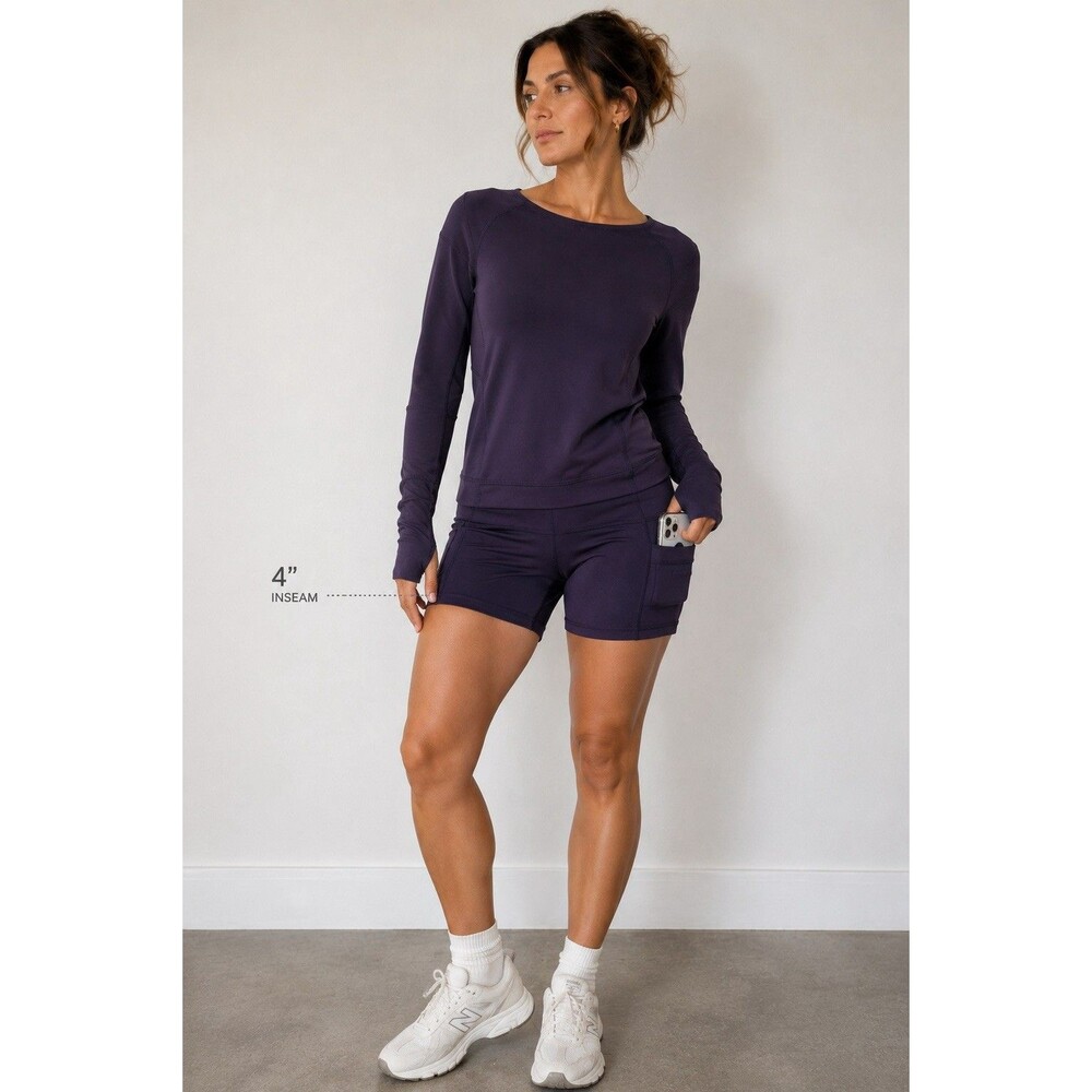 90 Degree by Reflex M Purple 4” Bike Shorts High Rise Side Pockets Yoga Gym